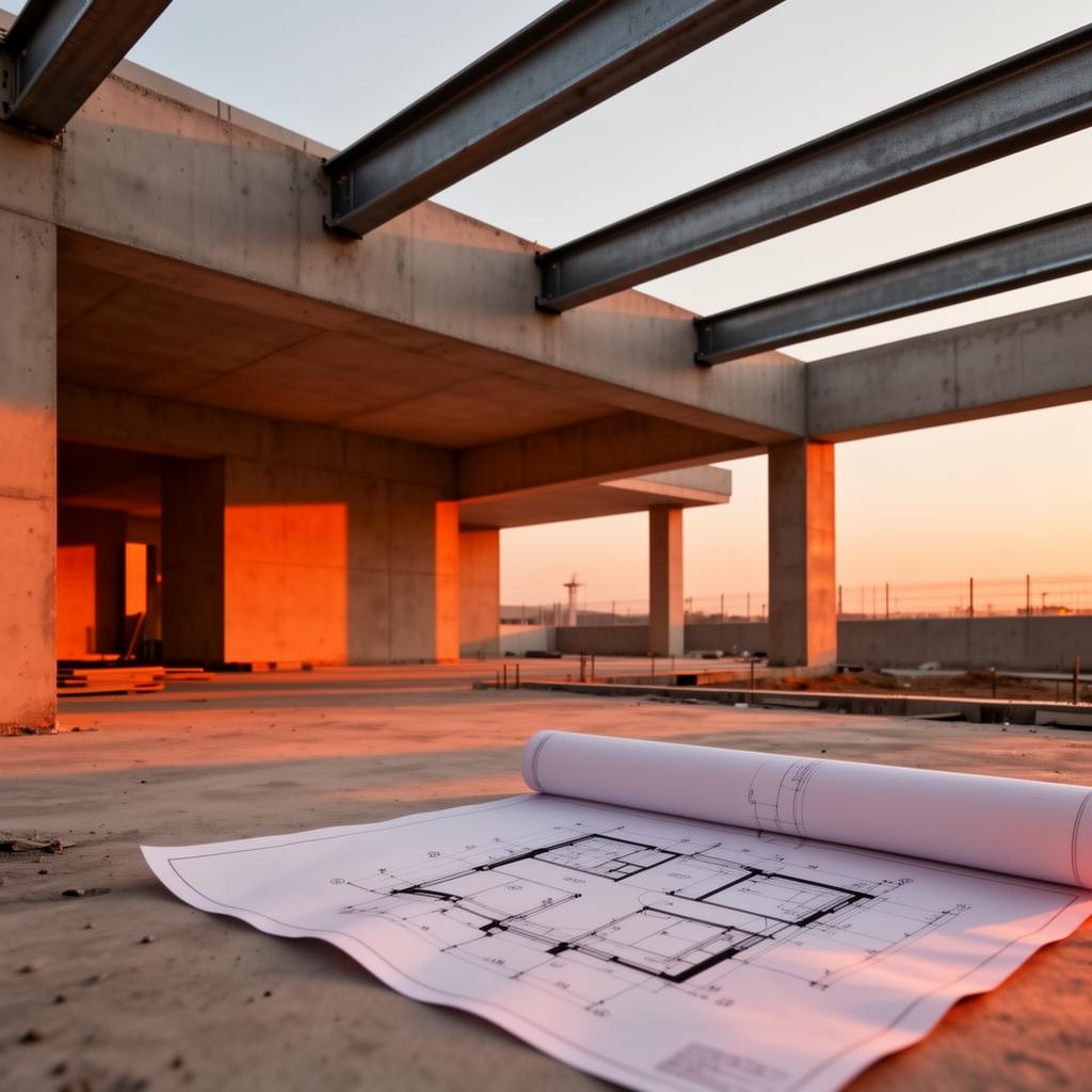 Edificio en construcción con planos de obra en primer plano